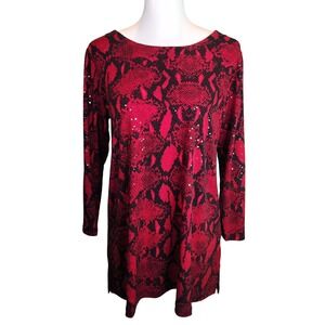 Susan Graver Red Snakeskin Sequin Tunic Top Slit Sleeve Medium